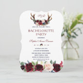 Boho Merlot Floral Antlers Junggeselinnen-Abschied Einladung (Stehend Vorderseite)
