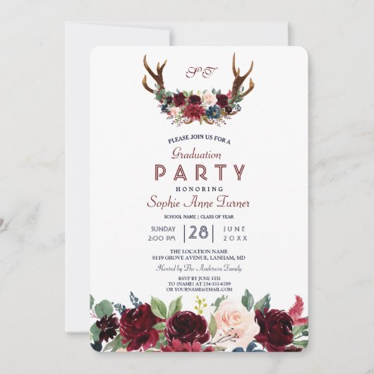 Boho Merlot Navy Blue Floral Antlers Abschluss Einladung (Vorderseite)