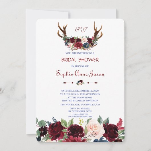 Boho Merlot Navy Blue Floral Antlers Brautparty Einladung (Vorderseite)