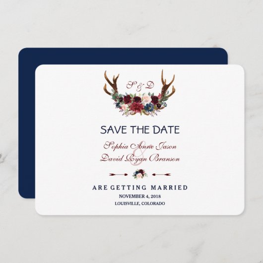 Boho Merlot Navy Blue Floral Antlers Save the Date (Vorne/Hinten)
