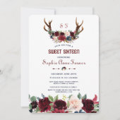 Boho Merlot Navy Blue Floral Antlers Sweet 16 Einladung (Vorderseite)