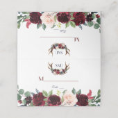 Boho Merlot Navy Blue Floral Antlers Tischnummer Platzkarte (Außenseite Aufgefaltet)