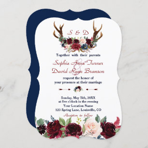 Boho Merlot Navy Blue Floral Antlers Wedding Einladung