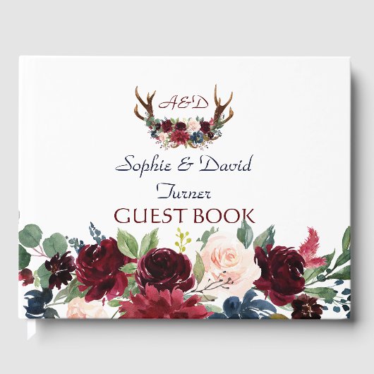 Boho Merlot Navy Blue Floral Antlers Wedding Gästebuch (Vorderseite)