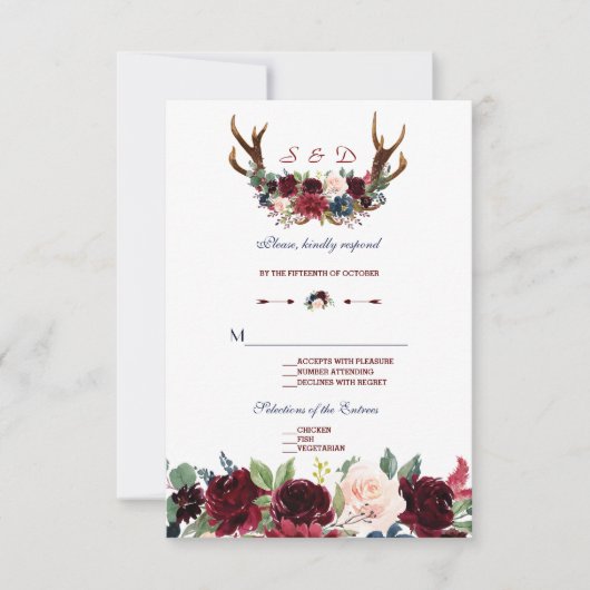Boho Merlot Navy Blue Floral Antlers Wedding RSVP Karte (Vorderseite)