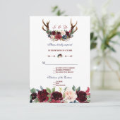 Boho Merlot Navy Blue Floral Antlers Wedding RSVP Karte (Stehend Vorderseite)