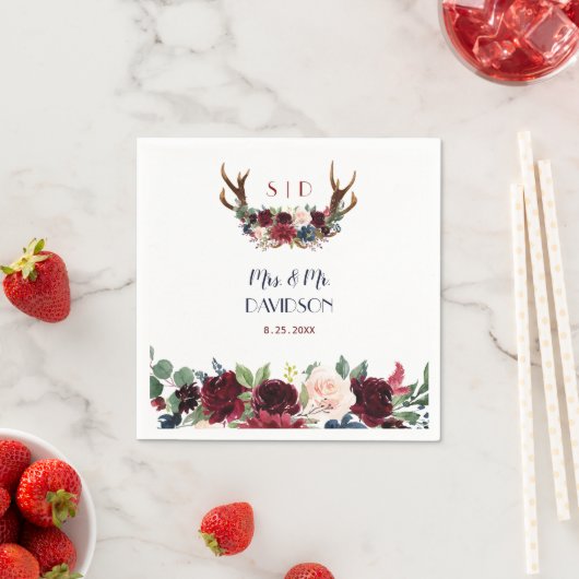 Boho Merlot Navy Blue Floral Antlers Wedding Serviette (Beispiel)