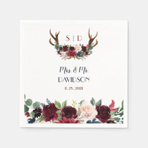 Boho Merlot Navy Blue Floral Antlers Wedding Serviette
