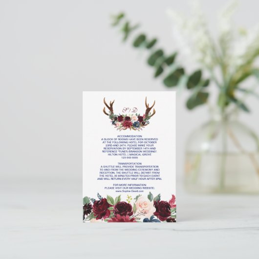 Boho Merlot Navy Floral Antlers Hochzeitdetails Begleitkarte (Stehend Vorderseite)