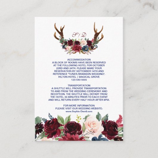 Boho Merlot Navy Floral Antlers Hochzeitdetails Begleitkarte (Vorderseite)