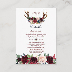 Boho Merlot Navy Floral Antlers Hochzeitdetails Begleitkarte