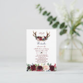 Boho Merlot Navy Floral Antlers Hochzeitdetails Begleitkarte (Stehend Vorderseite)