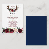 Boho Merlot Navy Floral Antlers Hochzeitdetails Begleitkarte (Vorne/Hinten)