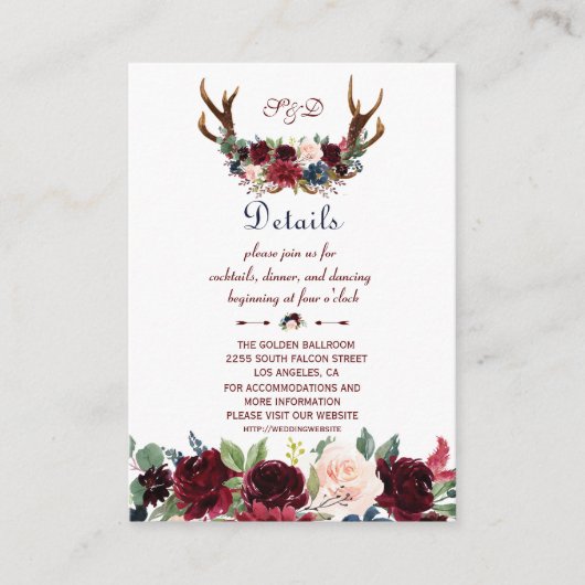 Boho Merlot Navy Floral Antlers Hochzeitdetails Begleitkarte (Vorderseite)