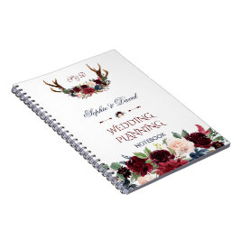 Boho Merlot Navy Floral Antlers Hochzeitsplaner Notizblock