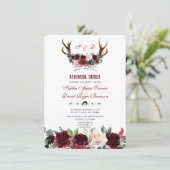 Boho Merlot Navy Floral Antlers Probe Dinner Einladung (Stehend Vorderseite)