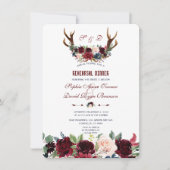 Boho Merlot Navy Floral Antlers Probe Dinner Einladung (Vorderseite)