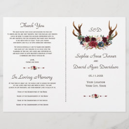 Boho Merlot Navy Floral Antlers Wedding Program