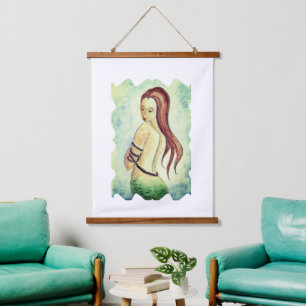 Boho Mermaid Watercolor Seafoam Green Wandteppich Mit Holzrahmen