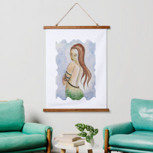 Boho Mermaid Watercolor Wood Topped Wandteppich Mit Holzrahmen