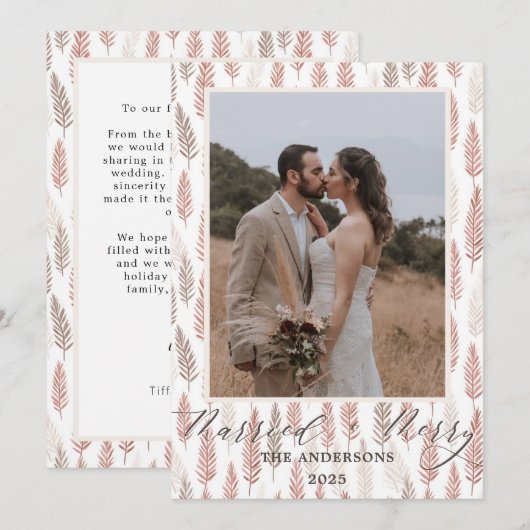 Boho Merry and Married Script Wedding Christmas Dankeskarte (Vorne/Hinten)