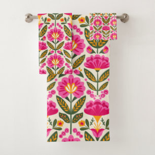BOHO-Mexikanische Talavera-Blumen Fuchsienrosa Flo Badhandtuch Set