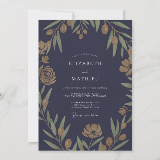 Boho-Midnight-Olivenblatt-Hochzeit Einladung (Vorderseite)