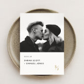 Boho Minimal Black and White Gold Monogram Wedding Einladung