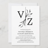 Boho Minimal Black and White Leaf Monogram Wedding Einladung (Vorderseite)