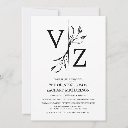 Boho Minimal Black and White Leaf Monogram Wedding Einladung (Vorderseite)