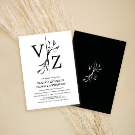Boho Minimal Black and White Leaf Monogram Wedding Einladung