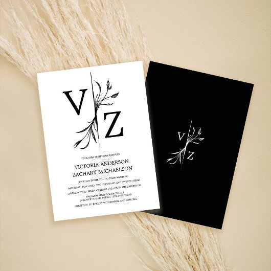 Boho Minimal Black and White Leaf Monogram Wedding Einladung