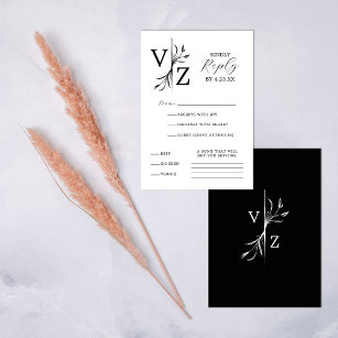 Boho Minimal Black and White Leaf Monogram Wedding RSVP Karte