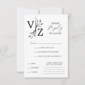 Boho Minimal Black and White Leaf Monogram Wedding RSVP Karte (Vorderseite)