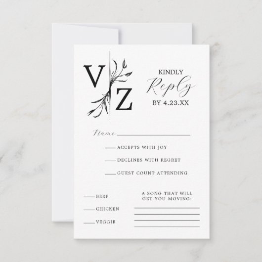 Boho Minimal Black and White Leaf Monogram Wedding RSVP Karte (Vorderseite)