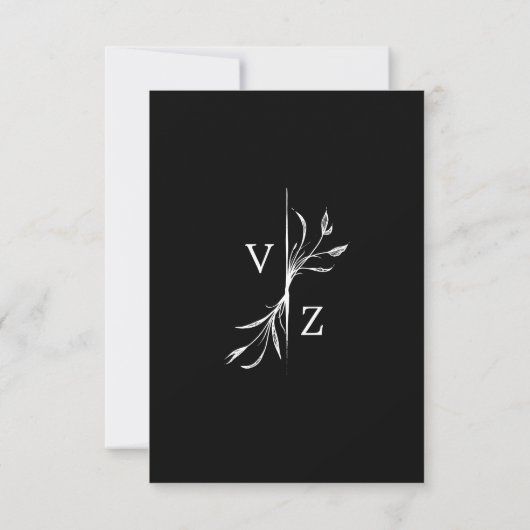 Boho Minimal Black and White Leaf Monogram Wedding RSVP Karte (Rückseite)