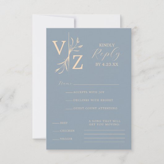 Boho Minimal Blue Beige Leaf Monogram Wedding RSVP Karte (Vorderseite)
