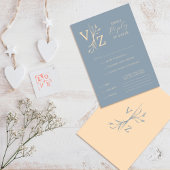 Boho Minimal Blue Beige Leaf Monogram Wedding RSVP Karte