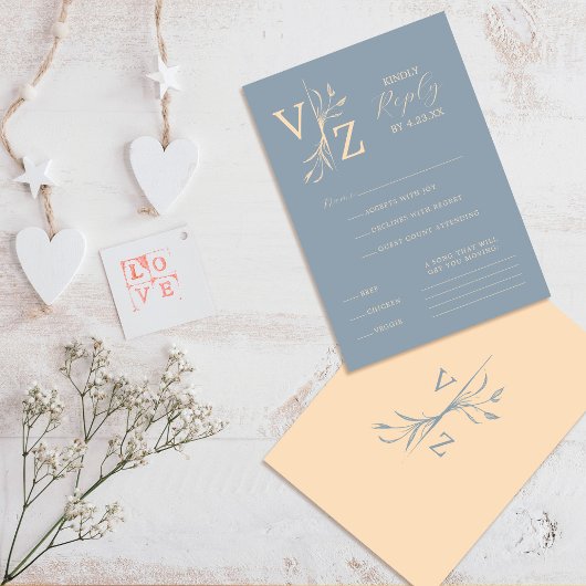 Boho Minimal Blue Beige Leaf Monogram Wedding RSVP Karte