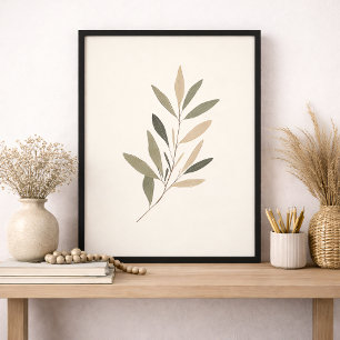 Boho Minimal Botanisches Blatt Neutral Grün Beige Leinwanddruck