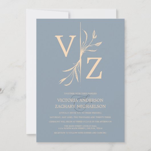 Boho Minimal Dusty Blue Leaf Monogram Wedding Einladung (Vorderseite)