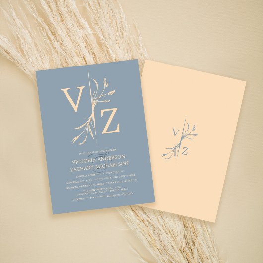 Boho Minimal Dusty Blue Leaf Monogram Wedding Einladung
