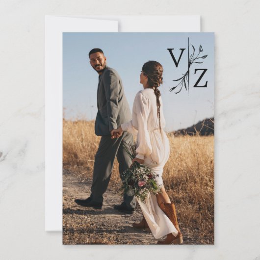 Boho Minimal Leaf Monogram Foto Wedding Save The Date (Rückseite)