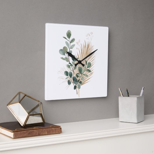 Boho Minimal Natural Botanical Wall Clock Quadratische Wanduhr (Büro)