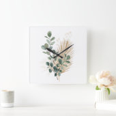 Boho Minimal Natural Botanical Wall Clock Quadratische Wanduhr (Zuhause)
