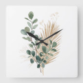 Boho Minimal Natural Botanical Wall Clock Quadratische Wanduhr (Vorderseite)