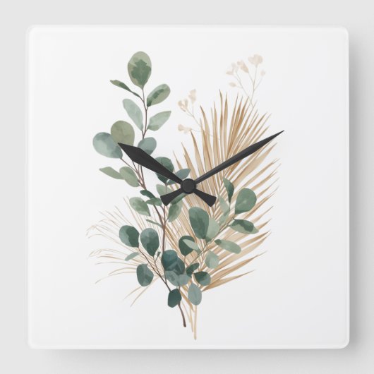 Boho Minimal Natural Botanical Wall Clock Quadratische Wanduhr (Vorderseite)
