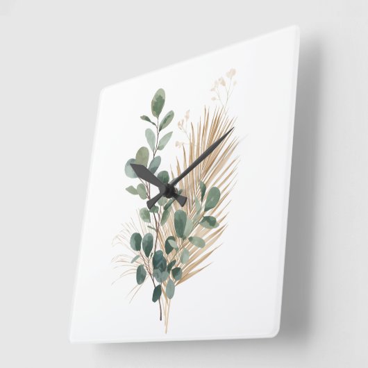 Boho Minimal Natural Botanical Wall Clock Quadratische Wanduhr (Winkel)