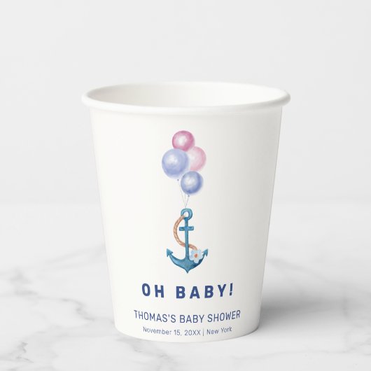Boho Minimal Nautical Anchor Balloon Babydusche Pappbecher (Rückseite)