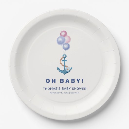 Boho Minimal Nautical Anchor Balloon Babydusche Pappteller (Vorderseite)